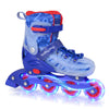 Kids inline skates in blue with light-up wheels, adjustable size for ages 9-14, designed for beginners and smooth.