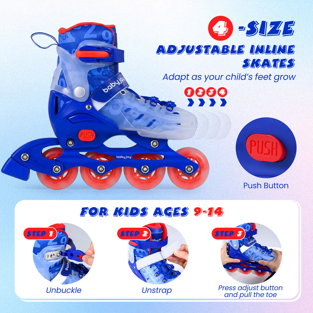 Kids inline skates in blue with light-up wheels, featuring adjustable size, breathable mesh, and secure ankle support.