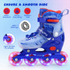 Kids inline skates in blue with light-up wheels, adjustable size, and breathable lining for smooth, fun skating.