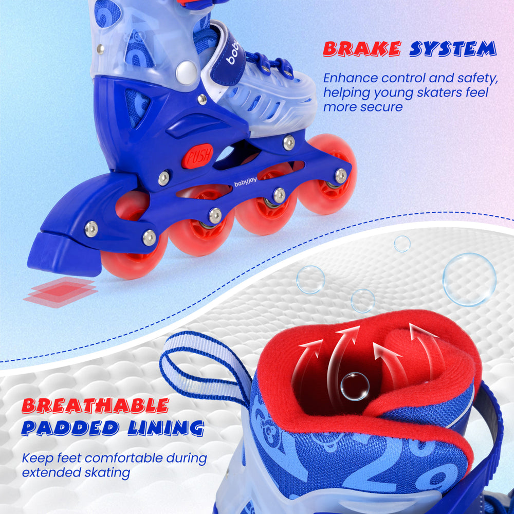 Kids inline skates in blue with breathable padded lining and light-up wheels, designed for beginners aged 9-14.