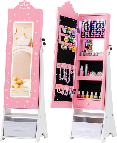 Costway Kids Jewelry Armoire Lighted Full Length Mirror Freestanding Cabinet 47933446 New