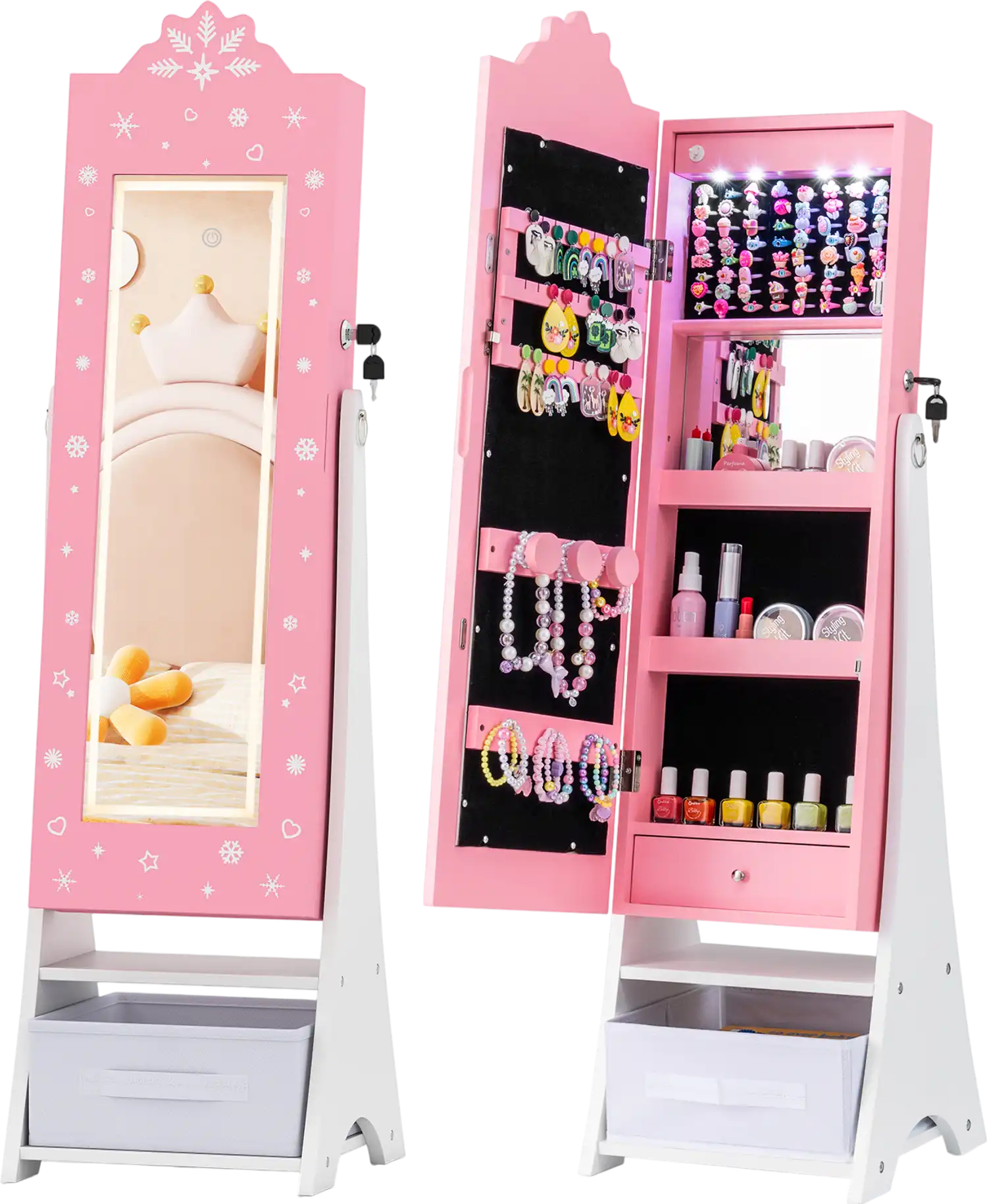 Costway Kids Lighted Full Length Mirror Jewelry Armoire Cabinet 47933446 New