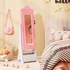 Freestanding pink kids jewelry armoire with full-length mirror, adjustable angles, and generous storage for jewelry.