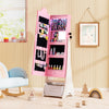 Kids jewelry armoire in pink with a full-length mirror, LED lights, and organized storage for accessories.