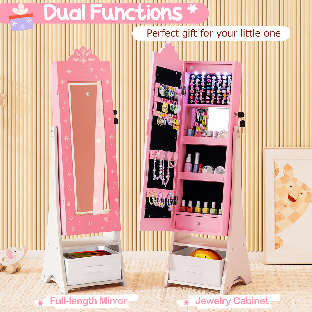 Freestanding pink kids jewelry armoire with full-length mirror, LED lights, and ample storage for accessories.