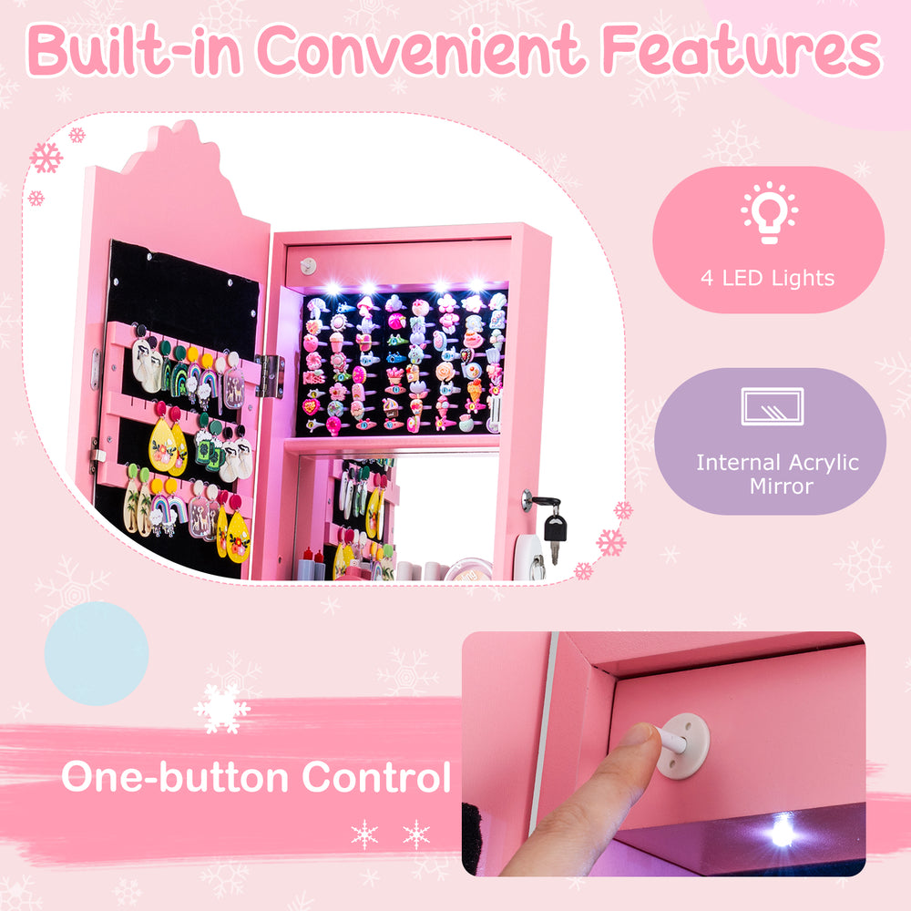 Kids jewelry armoire in pink with 4 LED lights, adjustable mirror, and generous storage for organized jewelry.