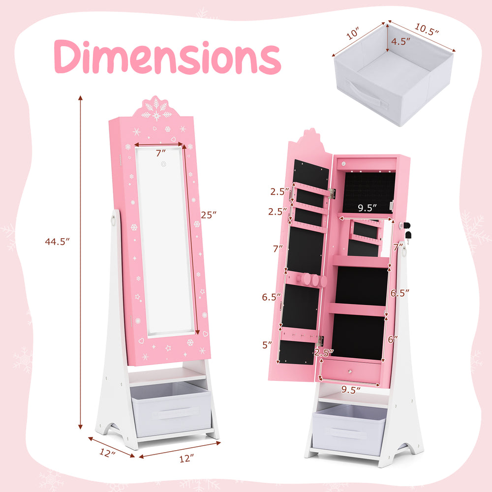 Kids jewelry armoire in pink with full-length mirror, adjustable angles, and generous storage for organizing jewelry.