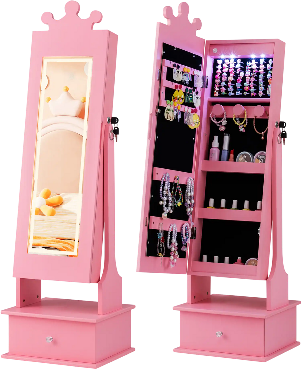 Kids jewelry armoire in pink with full-length mirror, LED lights, and spacious storage for organizing jewelry.
