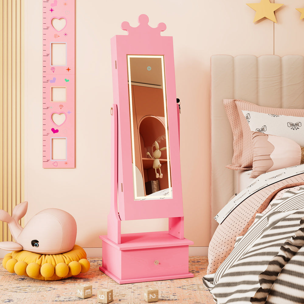Kids jewelry armoire in pink with a crown design, featuring a full-length mirror and LED lights for organized storage.
