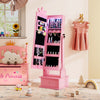 Pink kids jewelry armoire with a lighted full-length mirror, showcasing adjustable angles and organized storage for.