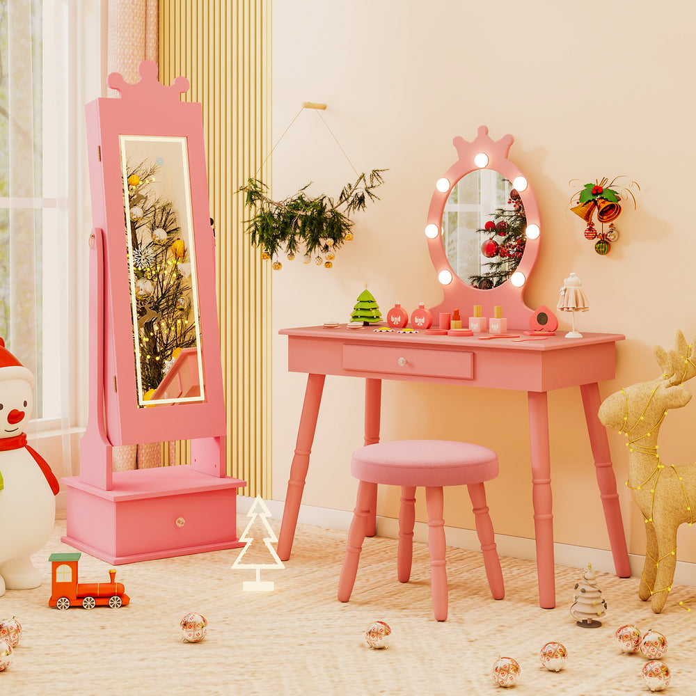 Kids jewelry armoire in pink with a lighted mirror, adjustable angles, and spacious storage for organized jewelry.