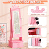 Kids jewelry armoire in pink with crown design, full-length mirror, LED lights, and lockable storage for organized.