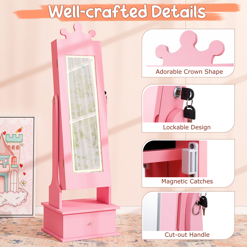 Kids jewelry armoire in pink with crown design, full-length mirror, LED lights, and lockable storage for organized.