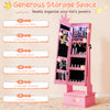 Kids jewelry armoire in pink with full-length mirror, LED lights, and generous storage for earrings, necklaces, and.