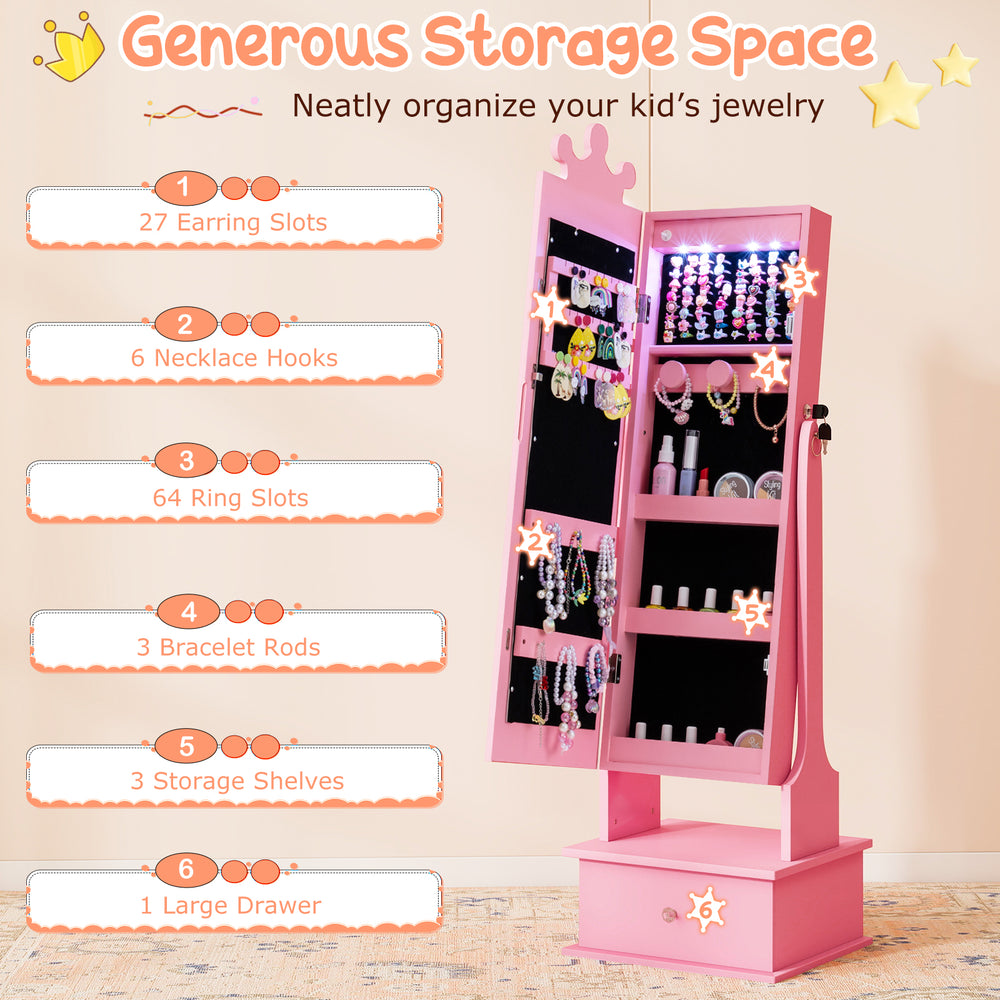 Kids jewelry armoire in pink with full-length mirror, LED lights, and generous storage for earrings, necklaces, and.