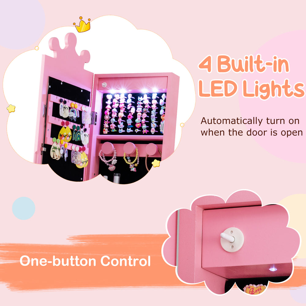 Kids jewelry armoire in pink with 4 LED lights, adjustable angles, and a crown theme for organized storage and dressing.