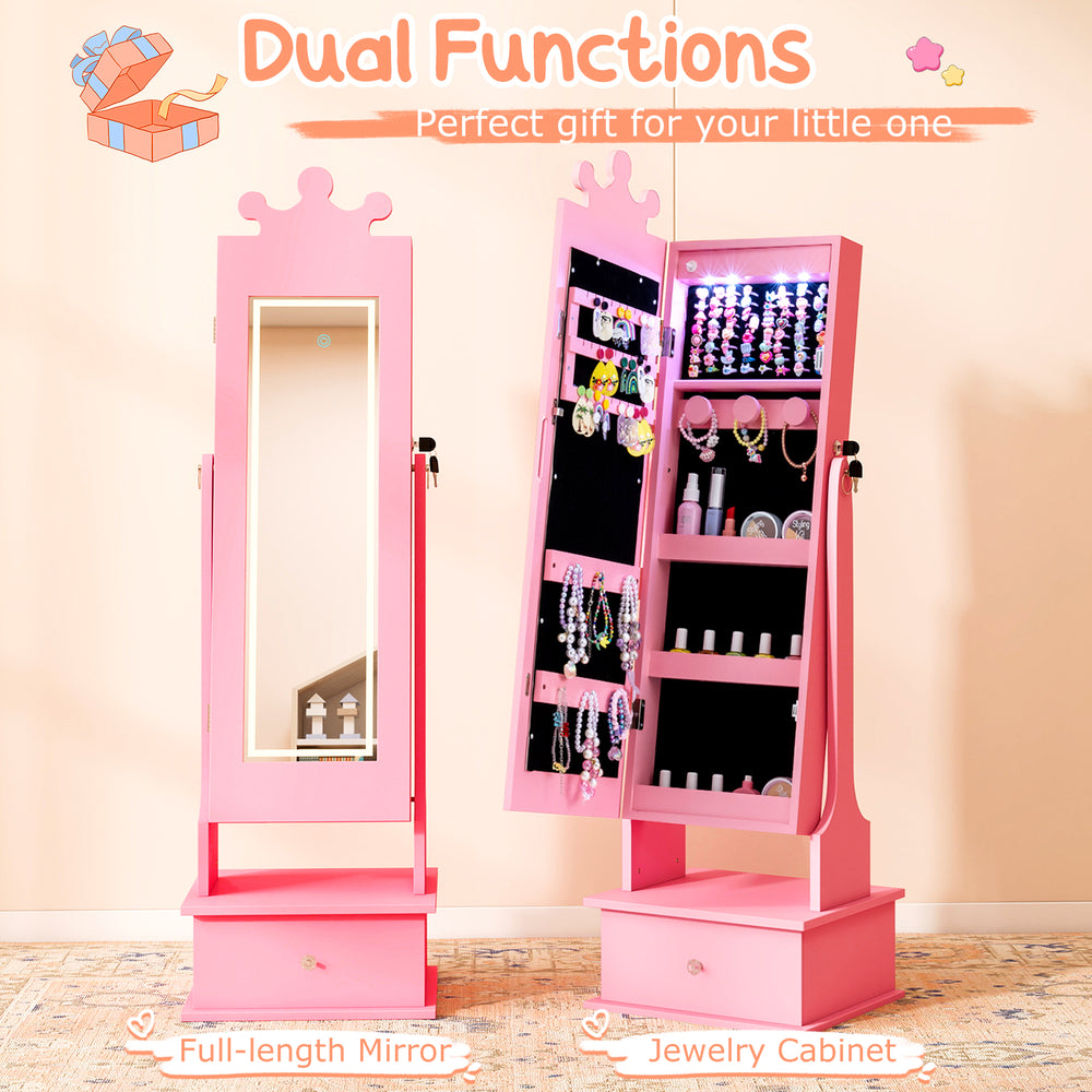 Pink kids jewelry armoire featuring a dual-function design with a full-length mirror and organized storage for jewelry.
