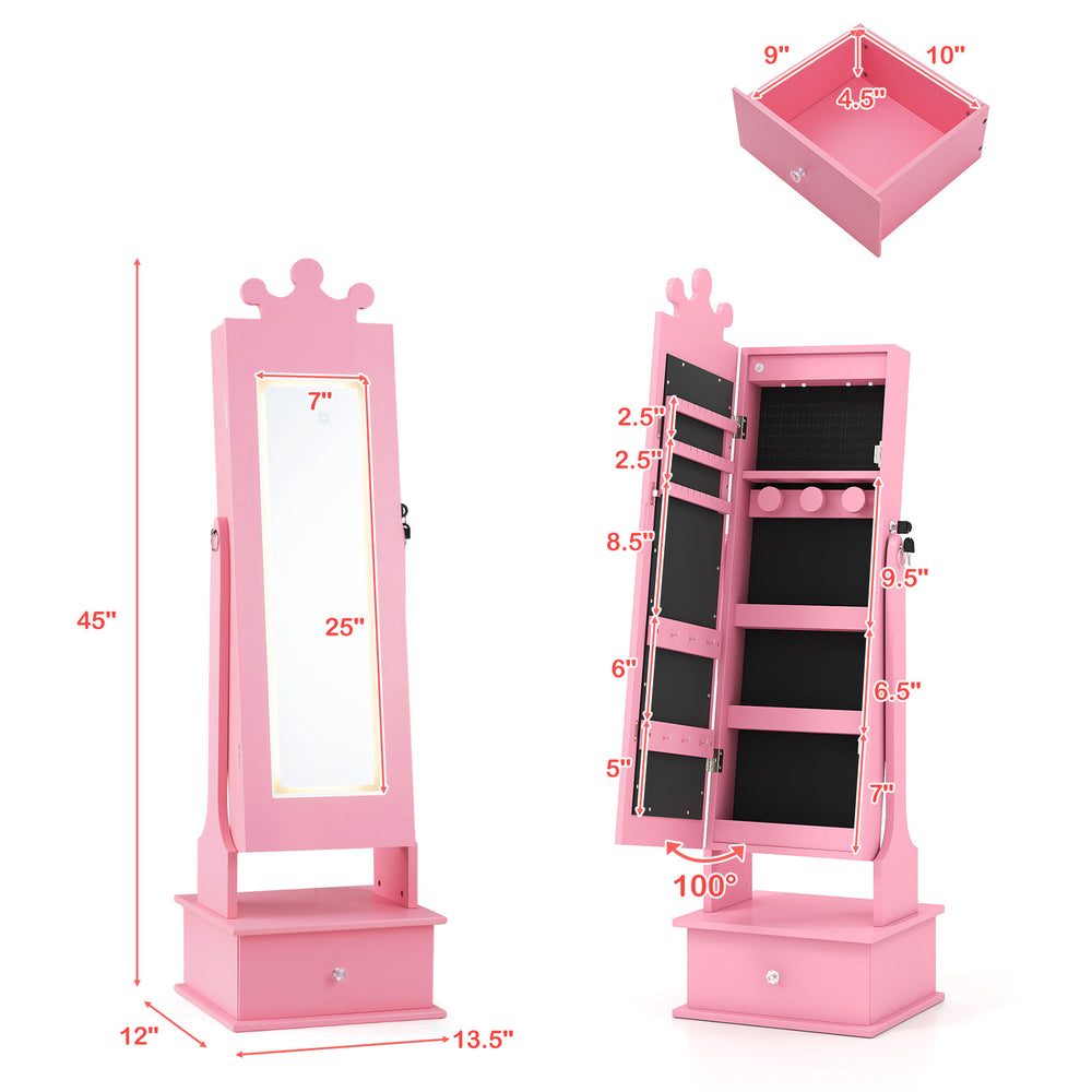 Kids jewelry armoire in pink with a full-length mirror, adjustable angles, and LED lights for organized storage.