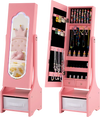Pink kids jewelry armoire cabinet with full-length mirror, LED light, and organized storage slots, shown open and closed.