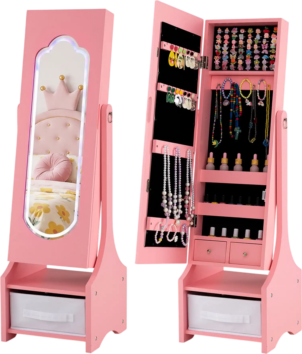 Pink kids jewelry armoire cabinet with full-length mirror, LED light, and organized storage slots, shown open and closed.