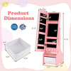 Pink kids jewelry armoire with full-length mirror, LED light, and organized storage slots shown open with dimensions.