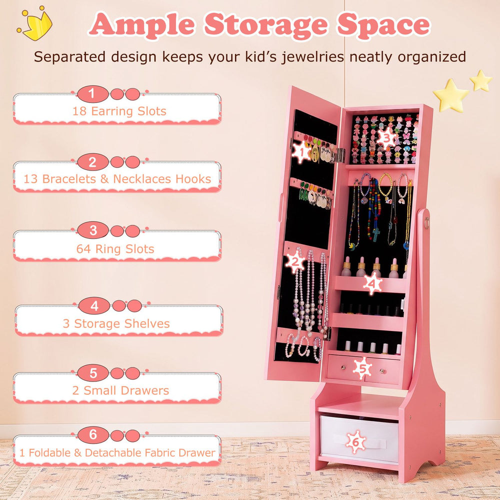 Pink kids jewelry armoire cabinet shown open, revealing organized storage slots, shelves and drawers beside its full-length mirror.