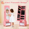 Pink kids jewelry armoire cabinet with LED light and full-length mirror, shown open with organized storage slots.