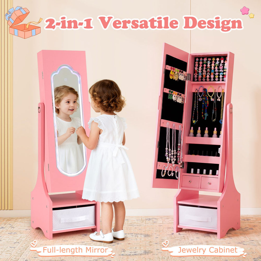 Pink kids jewelry armoire cabinet with LED light and full-length mirror, shown open with organized storage slots.