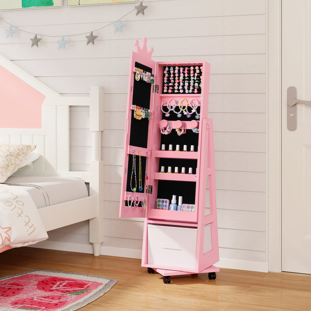 Kids Jewelry Armoire Cabinet with Swivel Base and Lockable Universal Wheels-Pink - Gallery View 1 of 11