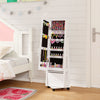 Kids jewelry armoire cabinet in white with swivel base, lockable wheels, and full-length mirror for easy access.