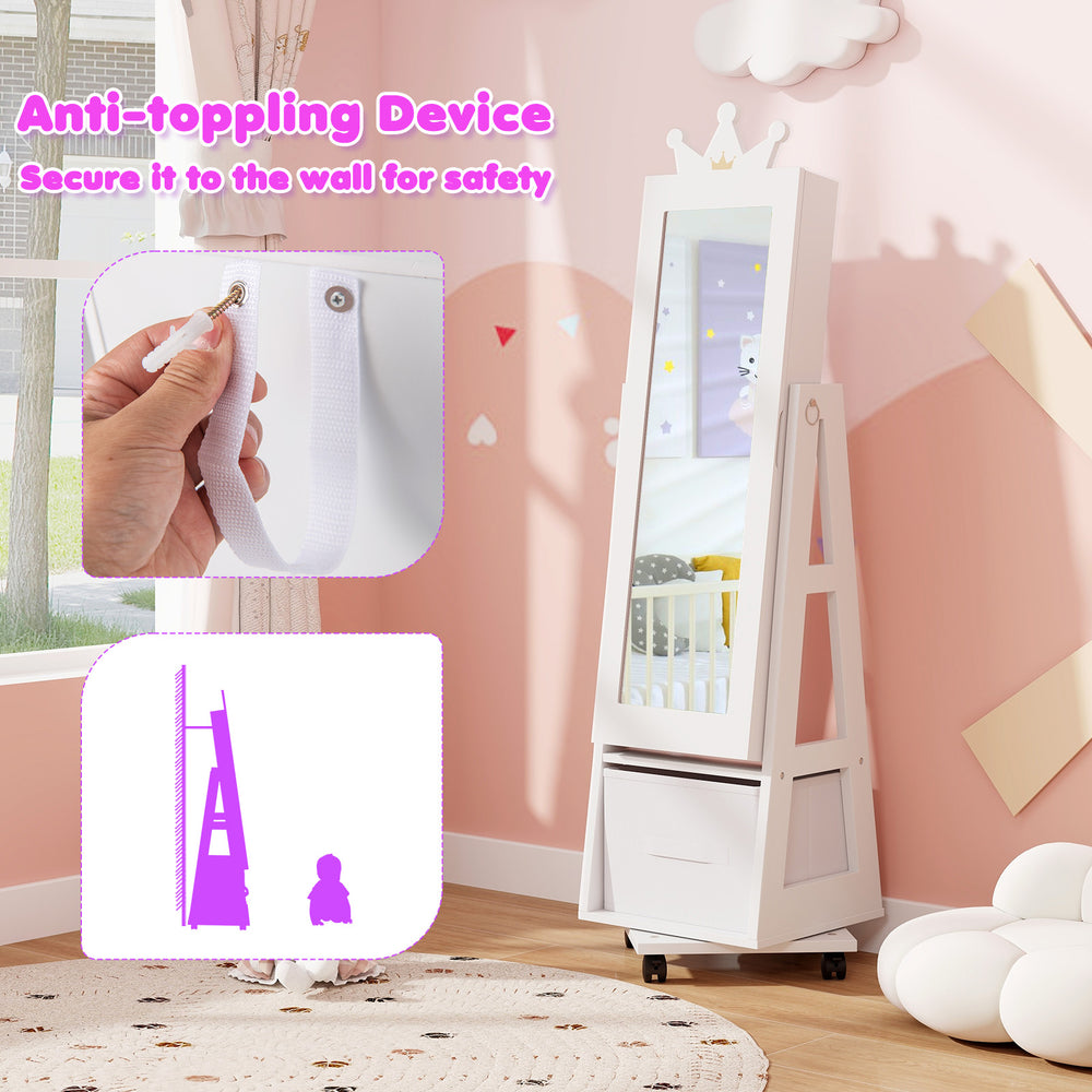 Kids jewelry armoire cabinet in white with swivel base, full-length mirror, and anti-toppling device for safety.
