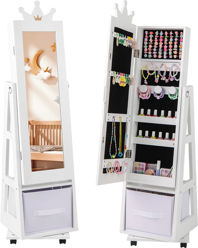 Costway Kids Jewelry Armoire Cabinet Swivel Base Lockable Wheels 97561428 New