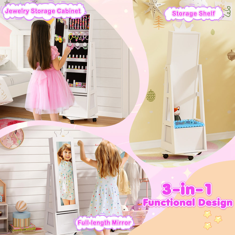 Kids jewelry armoire cabinet in white with full-length mirror, swivel base, and lockable wheels for easy access and.