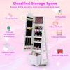 Kids jewelry armoire cabinet in white with swivel base, mirror, and multiple storage compartments for organized.