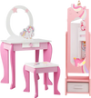 Kids jewelry armoire cabinet in pink featuring a whimsical unicorn design, full-length mirror, and two storage drawers.