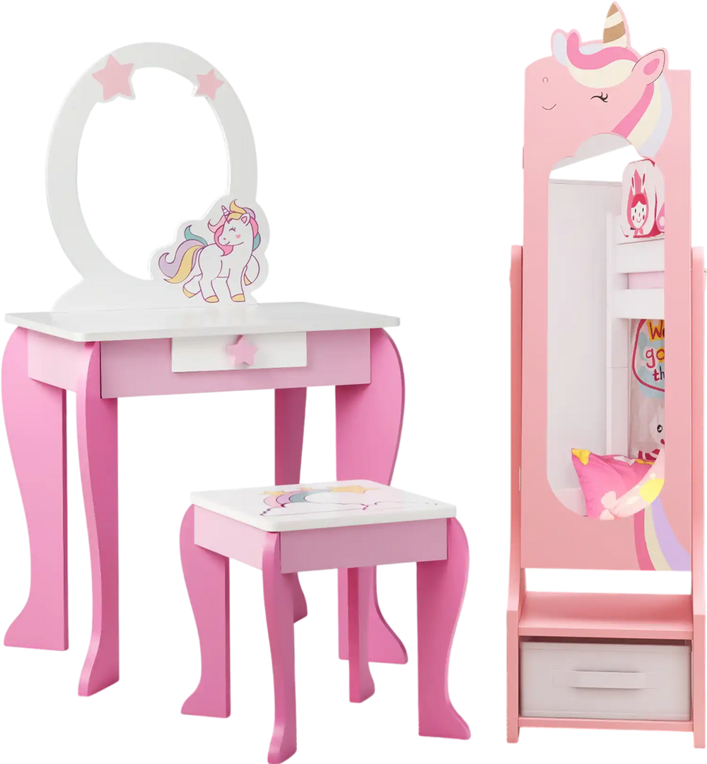 Kids jewelry armoire cabinet in pink featuring a whimsical unicorn design, full-length mirror, and two storage drawers.