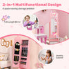 Kids jewelry armoire cabinet in pink with full-length mirror, storage compartments, and adjustable tilt angles for easy.