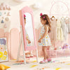 Kids jewelry organizer with full-length mirror and storage shelves in pink, ideal for keeping accessories tidy.