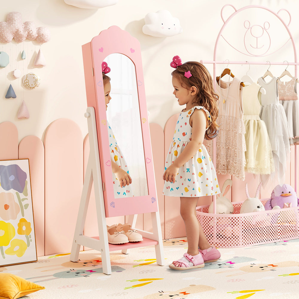 Kids jewelry organizer with full-length mirror and storage shelves in pink, ideal for keeping accessories tidy.