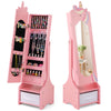 Kids jewelry armoire cabinet in pink with full-length mirror, storage compartments, and two adjustable tilt angles.