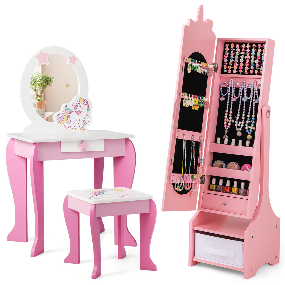Kids jewelry armoire cabinet in pink with full-length mirror, storage compartments, and adjustable tilt angles for.