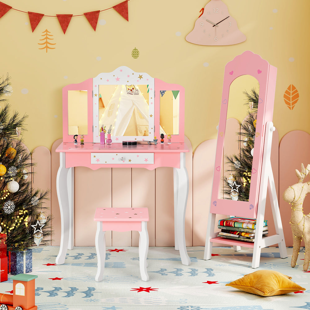 Kids jewelry organizer in pink with full-length mirror, storage drawers, and shelves for stylish room decor.