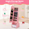 Kids jewelry armoire cabinet in pink with full-length mirror, ample storage, and adjustable tilt angles for easy access.