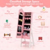 Kids jewelry organizer in pink with full-length mirror, storage shelves, and multiple compartments for neat.