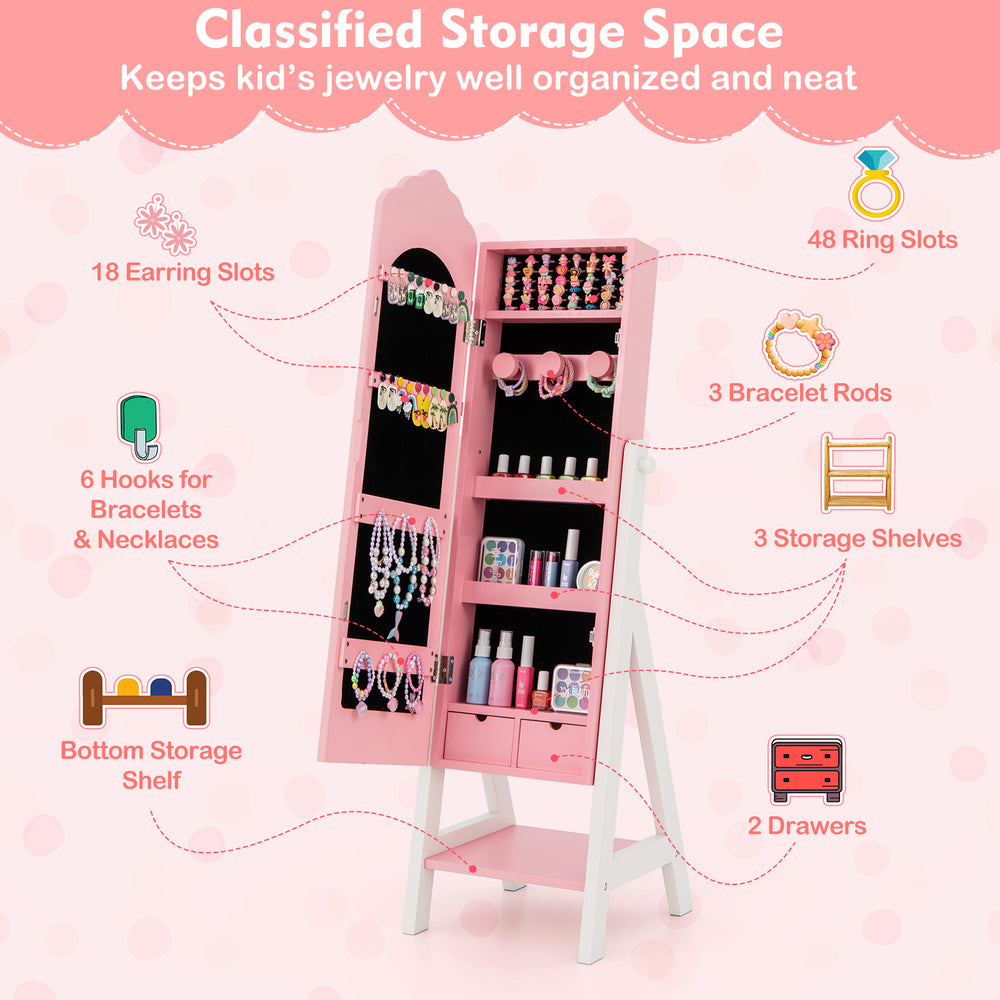 Kids jewelry organizer in pink with full-length mirror, storage shelves, and multiple compartments for neat.