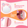 Curved handle and magnetic catch detail of the pink kids jewelry armoire cabinet with HD silver mirror and storage.