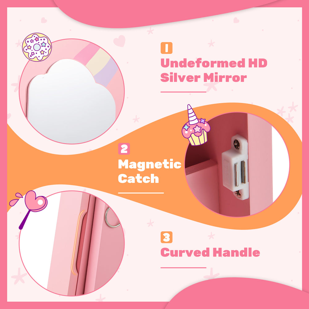 Curved handle and magnetic catch detail of the pink kids jewelry armoire cabinet with HD silver mirror and storage.