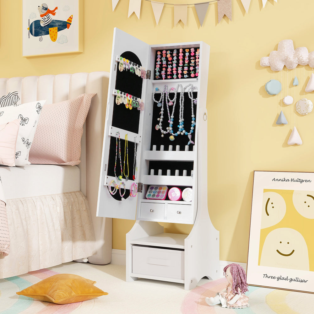 Freestanding white kids jewelry armoire with full-length mirror, multiple storage compartments, and two tilt angles.