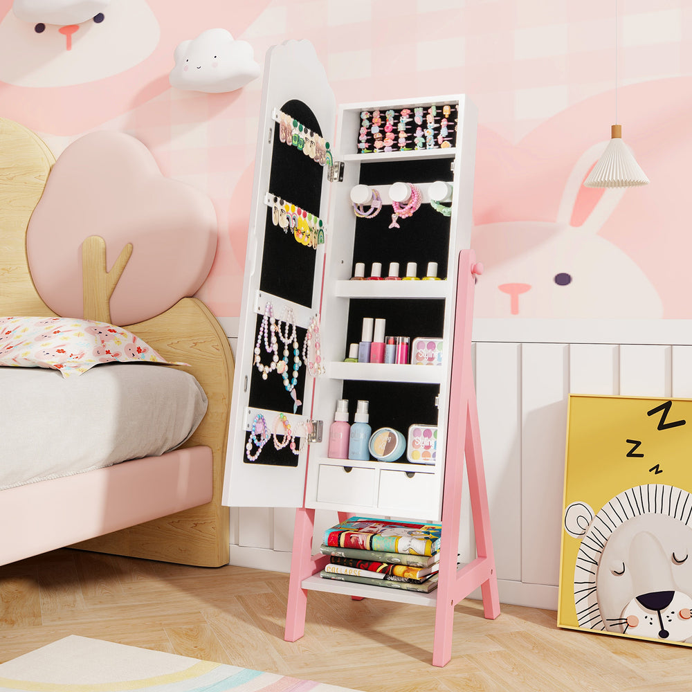 Kids Jewelry Organizer with Full Length Mirror Drawers and Storage Shelves-White - Gallery View 1 of 9