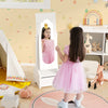 Freestanding kids jewelry armoire cabinet in white with full-length mirror and adjustable tilt angles for storage.